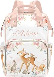 Yeshop Deer Bunny Floral Pink Woodland Multi-Function Personalized Diaper Bag Backpack Tote with Name,Custom Travel Nappy Mommy for Baby Girl Boy Gift, 10.83 inches * 6.69 inches* 15