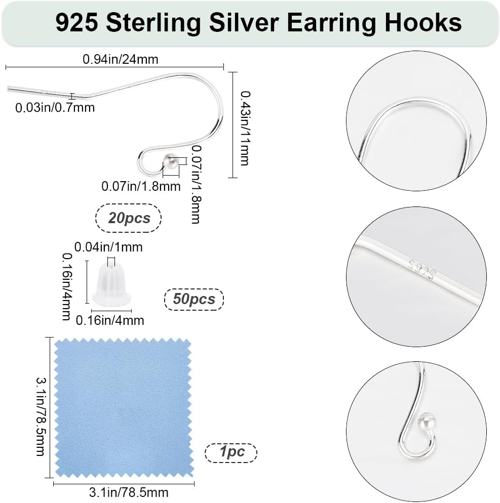 Beebeecraft 1 Box 10 Pairs French Earring Wires 925 Sterling Silver Earring Hooks with Plastic Ear Nuts Ball Dangle Fish Hook Earring Findings for Jewelry Making Earrings Supplies DIY Crafts
