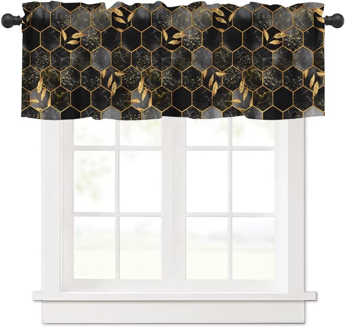Black Grey Marble Window Valance Curtain, Marble Hexagon Texture Golden Leaves Abstract Background Window Valances Treatments for Kitchen Living Room Café Décor 54'x18', 1 Panel
