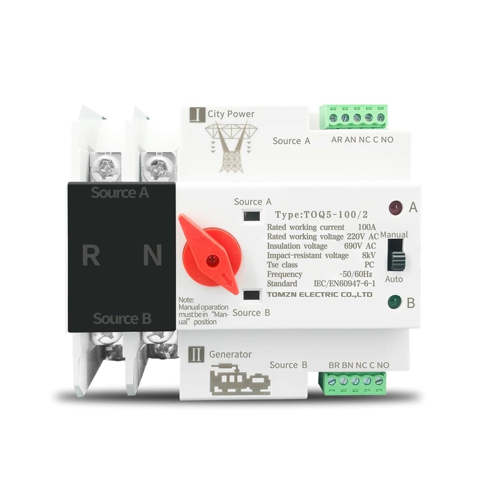 1 pz. Interruttore selettore elettrico automatico di trasferimento a doppia alimentazione, monofase, su guida DIN, ATS 110 V 220 V, senza interruzione, 2P, 63 A, 100 A, 125 A(110V,100A)