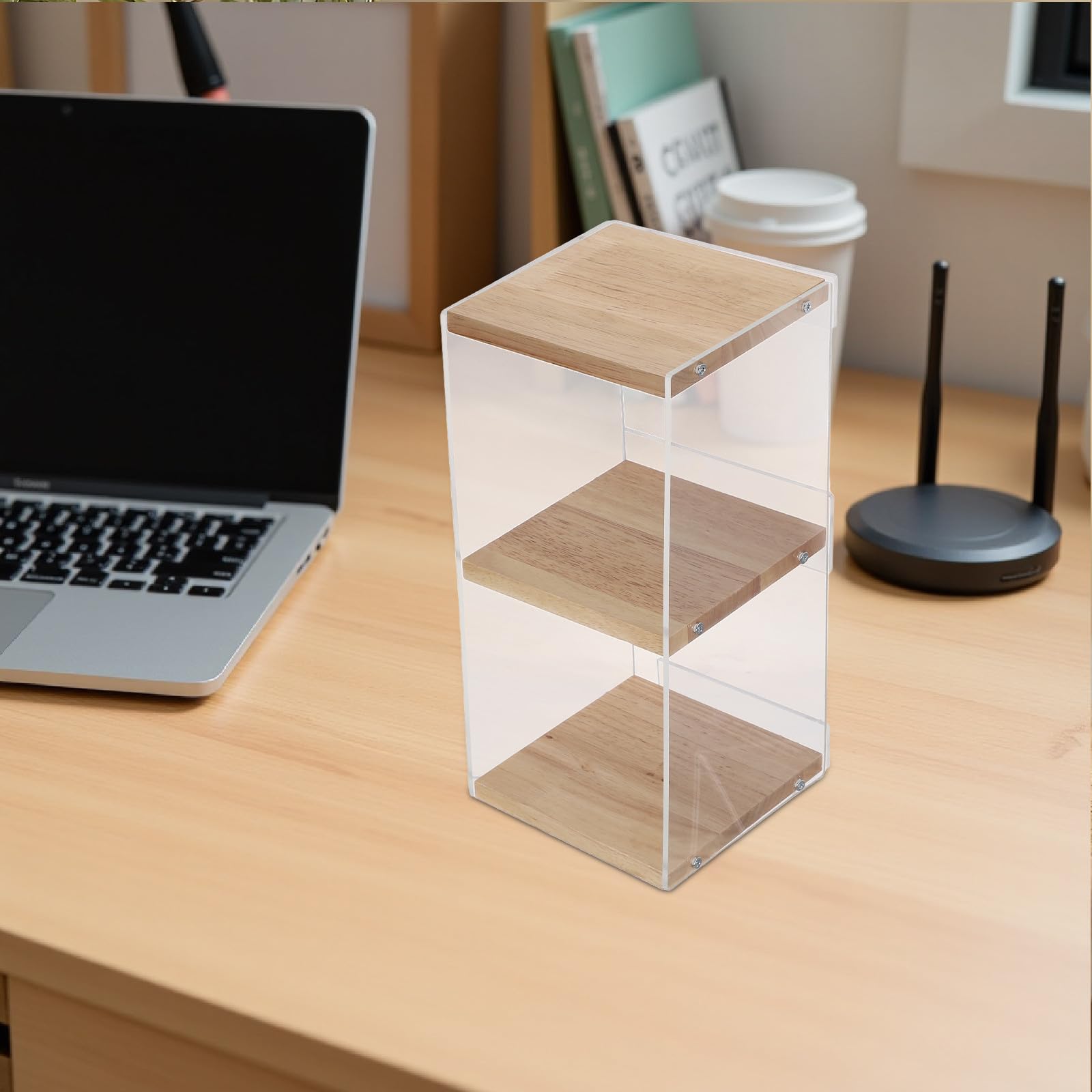 Estante de Acrílico y Madera de Almacenamiento Transparente de 2 Niveles Organizador Resistente y Ahorrador de Espacio para Dvd y Discos para Oficina y Hogar