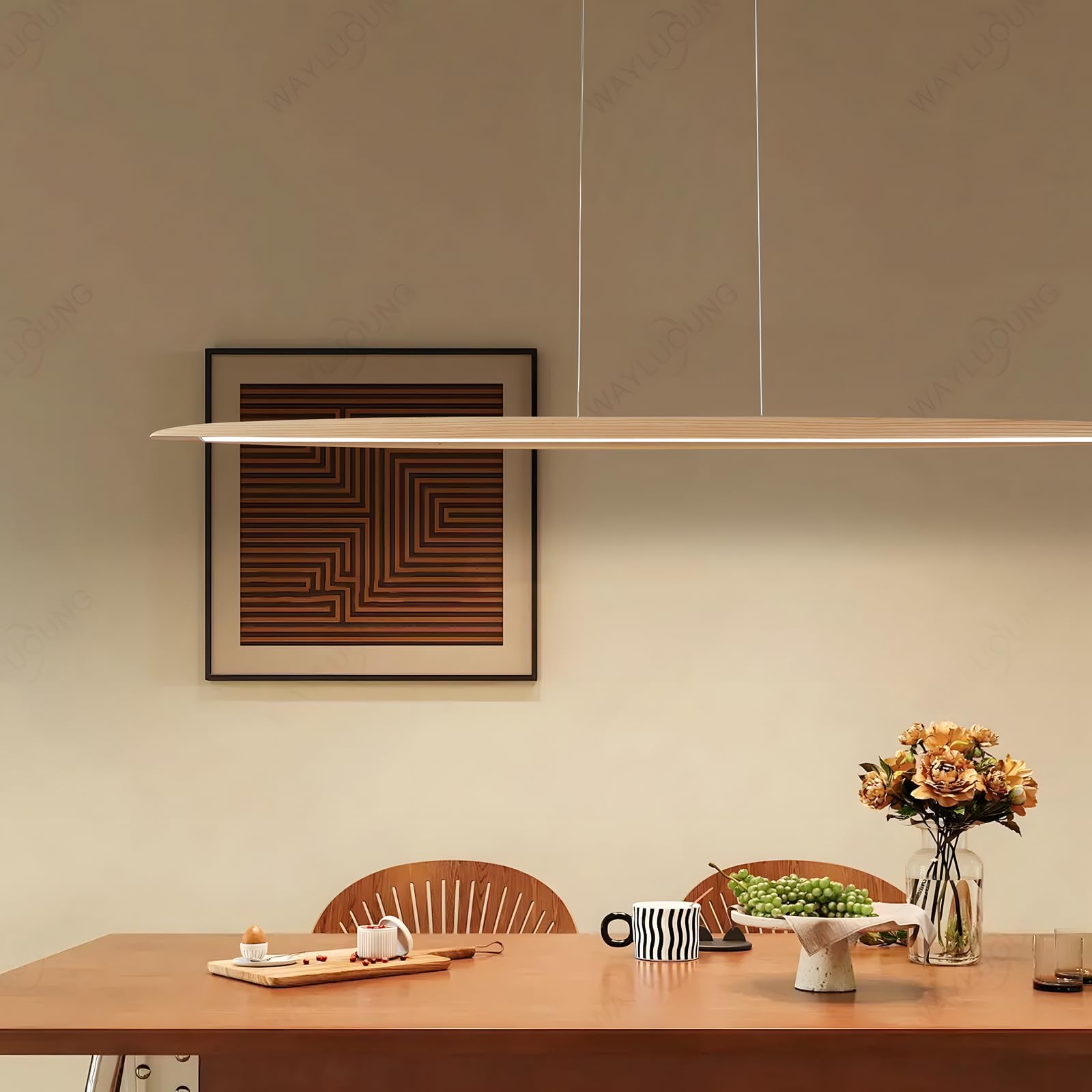 Lampada A Sospensione A LED In Legno Per Tavolo Da Pranzo, Dimmerabile Con Telecomando, Lampada Sospensione Altezza Regolabile Design Lineare Moderno Lampada Soggiorno Sospesa Per Sala (130cm)