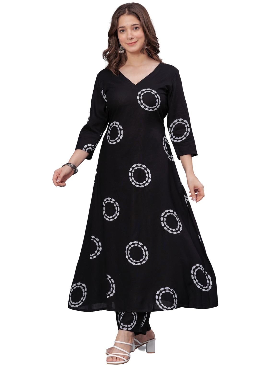 Rytras Women's Rayon Printed Anarkali Kurta Set With Palazzo Pants - Ethnic Wear, Black(Ryt591,S)