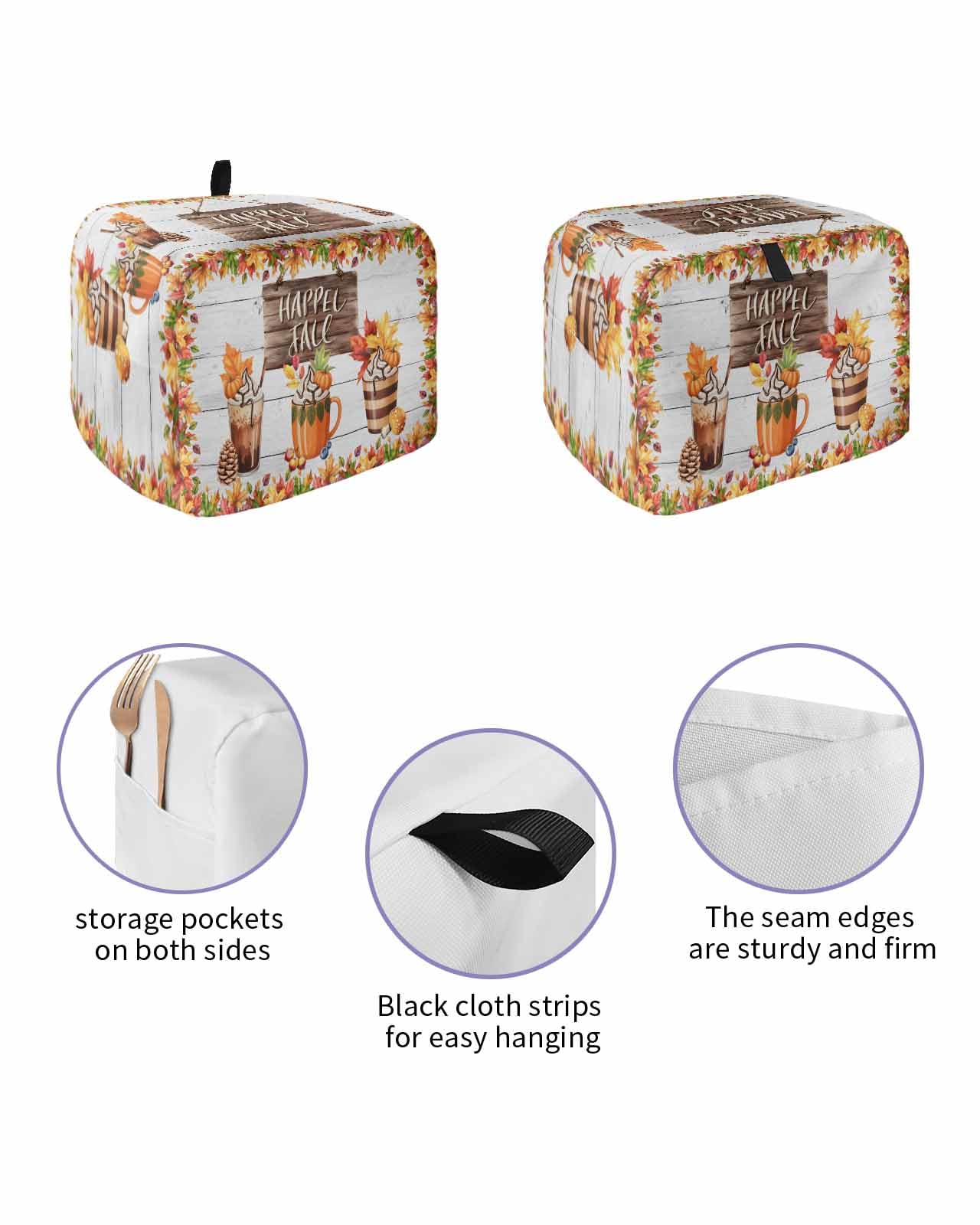 Fall Toaster Cover 2 Slice, Maple Leaf Pinecone Pumpkins Wood Grain Bread Maker Dust Cover with Pockets for Kitchen Small Appliance 11x6x8in