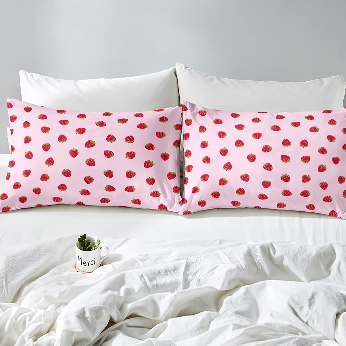 Homemissing Set di lenzuola matrimoniali con fragole per bambini, con lenzuolo con angoli profondi e tasca profonda, set di biancheria da letto in microfibra a tema alimentare 3D