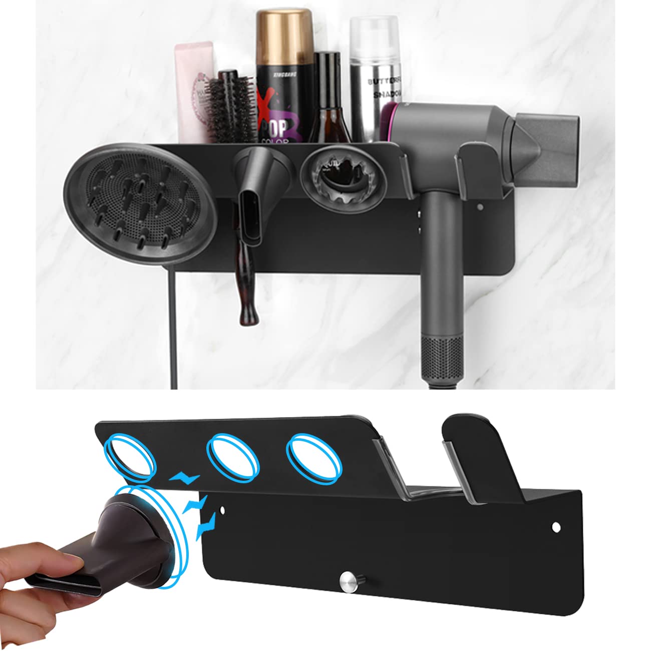 AdokeiTa Dyson Hair Dryer Holder, Wall Mounted Hair Dryer Accessories Organizer, with Magnetic Hair 