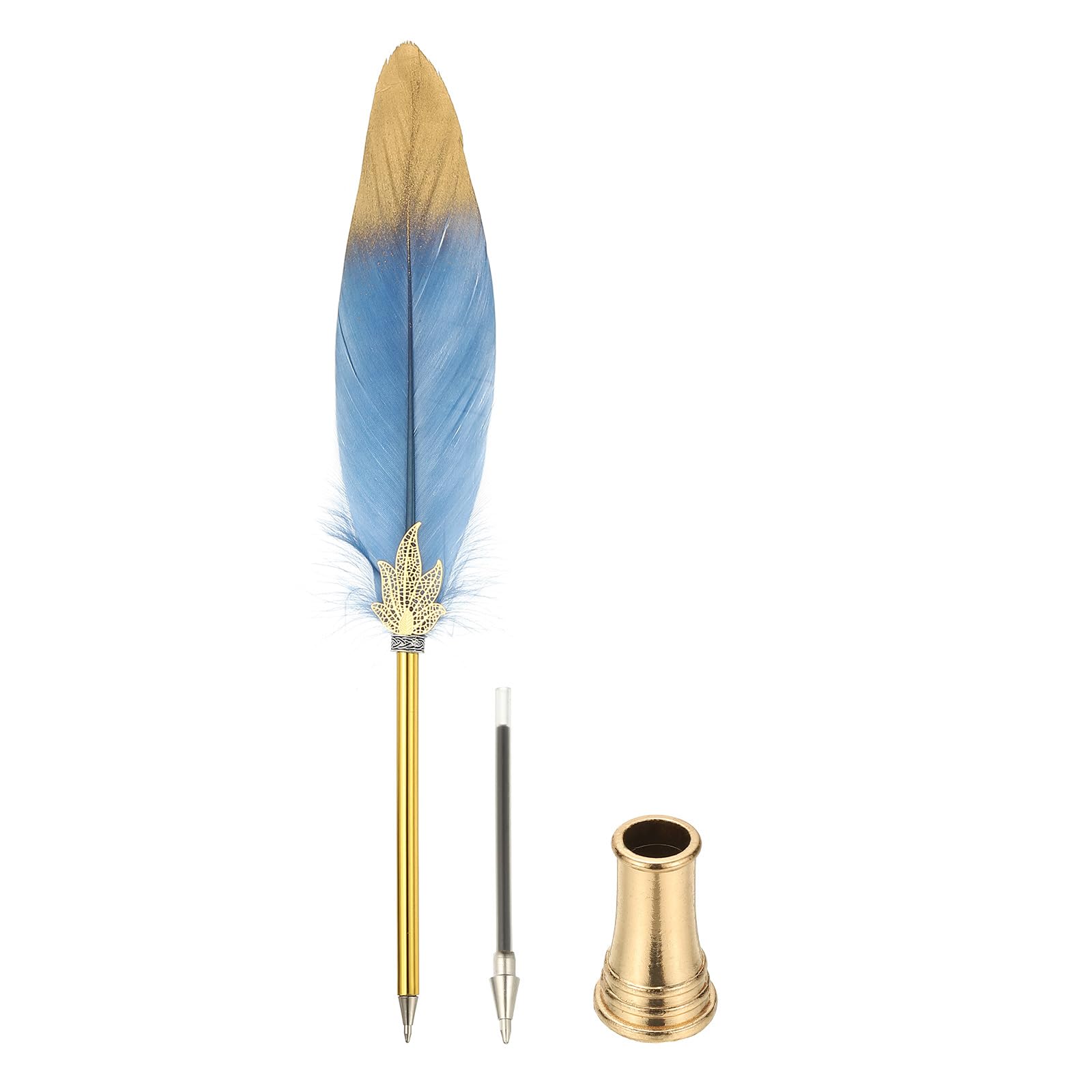 PATIKIL Feather Pen Quill, Feather Ballpoint Pen Bulk Refined Vintage Feather Calligraphy Pen with Golden Pen Holder for Guest Signature Wedding Bridal Office Writing, Navy Blue