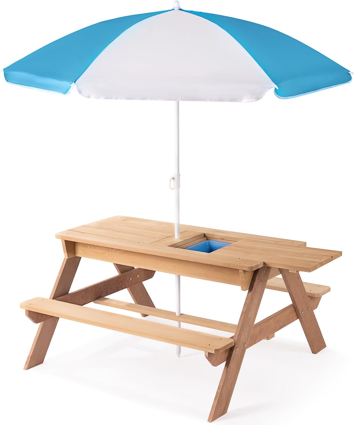 3-in-1 Kids Outdoor Wooden Picnic Table with Umbrella, Convertible Sand & Water, Gray Solid Wood 3-in-1 Design Outdoor Lawn, Porch Family-Friendly