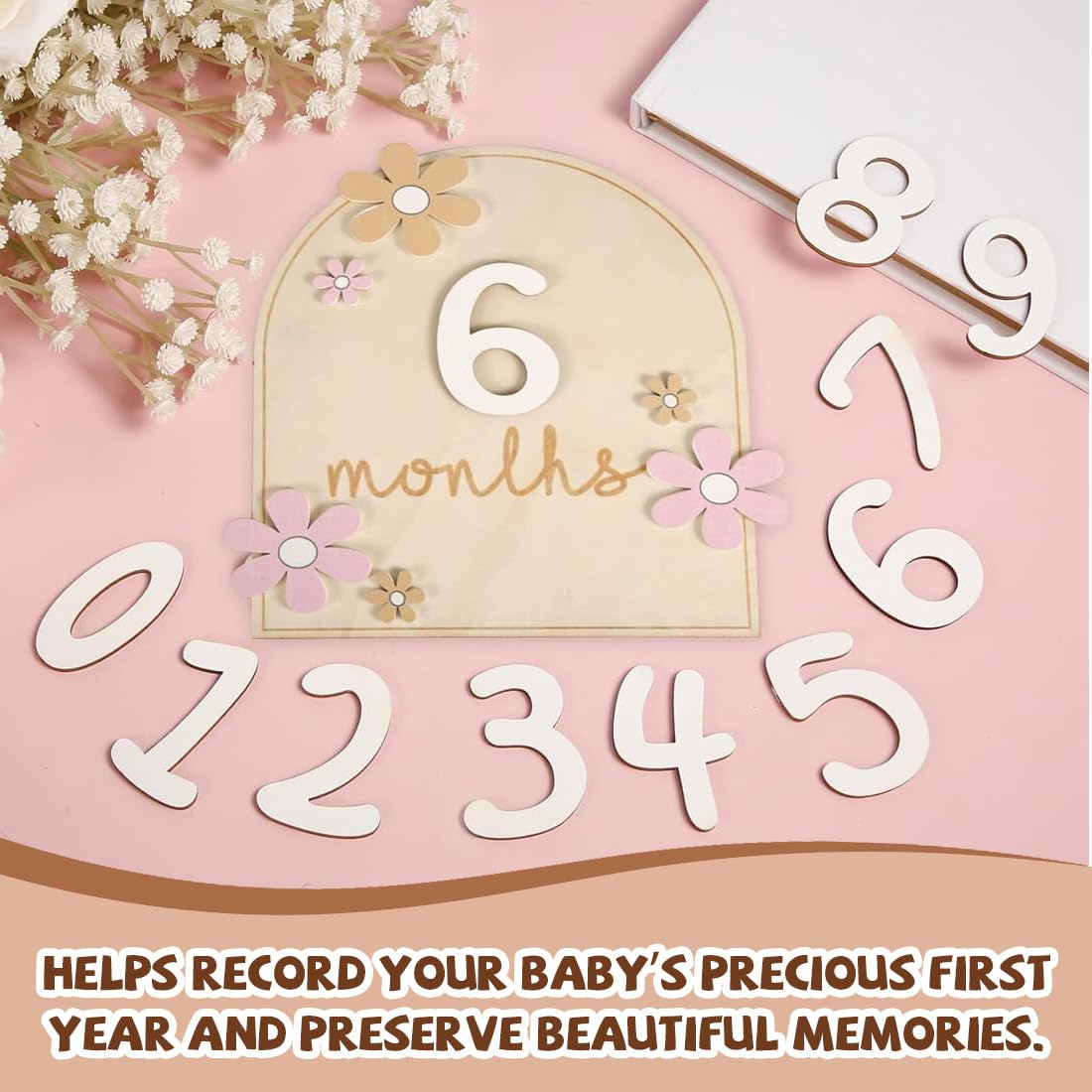 Étapes Bébé en Bois, 1 set Cartes Mensuelles Bebe, Fleur Carte Étape Bébé, Accessoires Photo pour Nourrissons de 0 à 12 Mois, Enregistrement de Croissance, Carte Mois par Mois