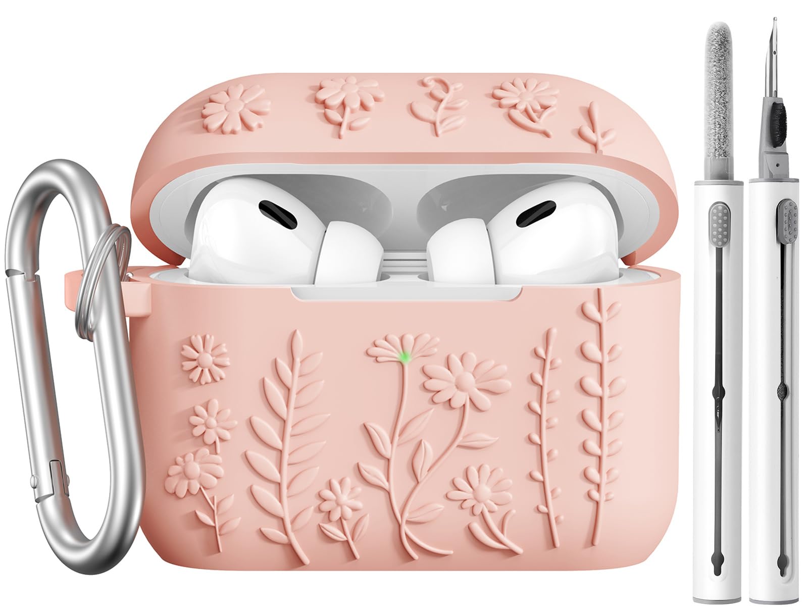 AIRSPO Airpod Pro 2nd Generation Case, 3D Floral Embossed Soft Silicone Protective Cover with Cleaner Kit for Apple Airpods Pro 2nd 1st Gen Case with