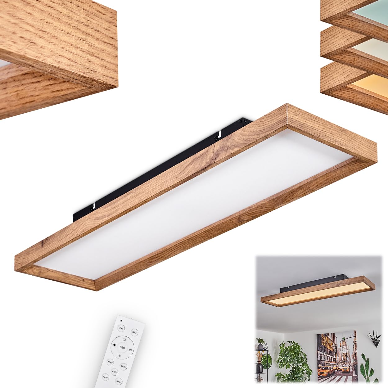 LED Ceiling Panel Longvic, Made of Metal/MDF/Plastic in Black/Wood Look/White, Length 80 cm, 24 watts, 220-2650 lumens, 2700-6500 Kelvin, dimmable/Light Colour Changeable via Remote Control