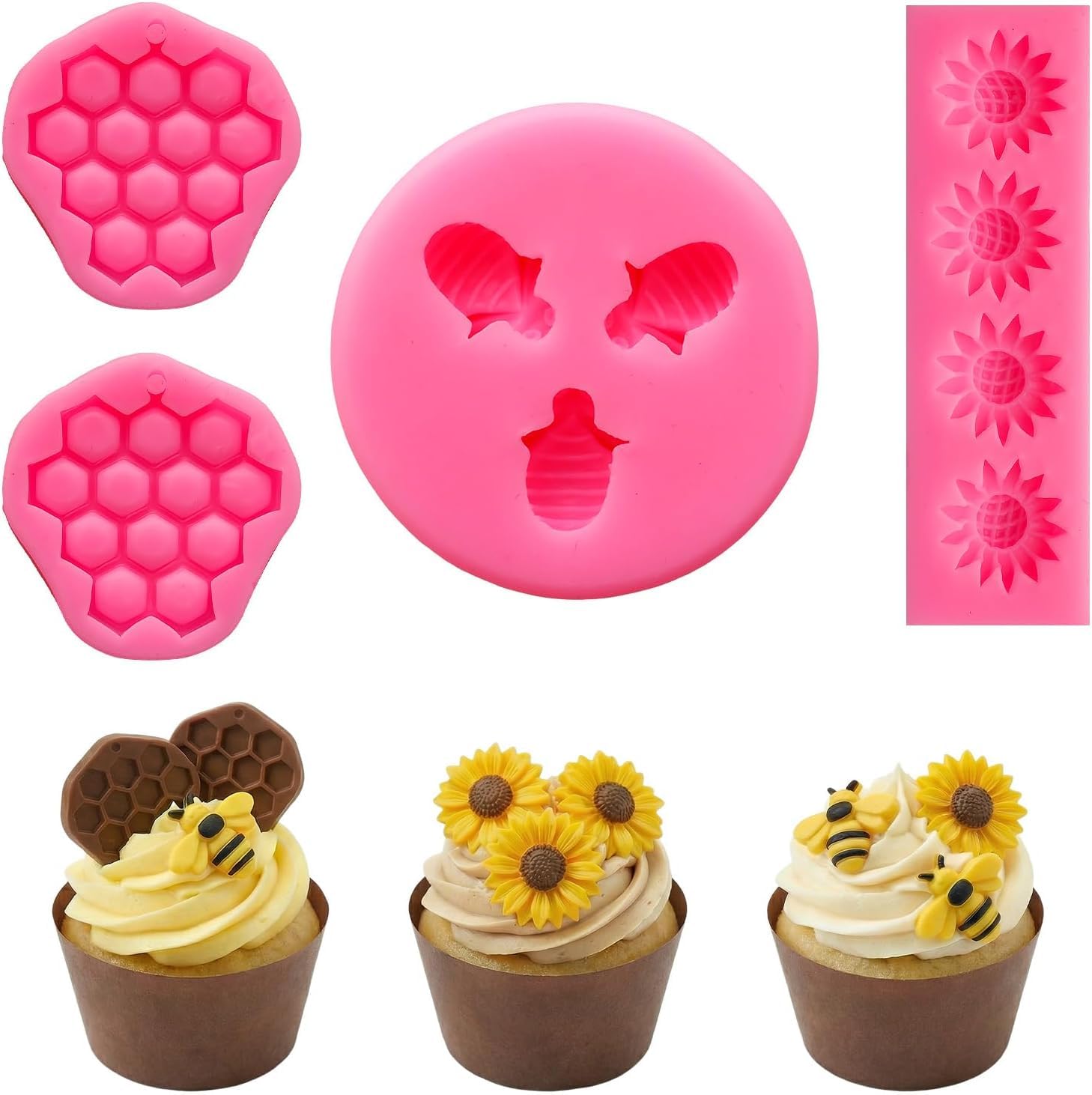 4pc Honeybee Silicone Molds Beehive Honeycomb Bee Sunflower Shapes for Baking DIY Chocolate Fondant Birthday Theme Cake Decoration Cupcake Topper Cookie Sugarcraft Gumpaste Candy Molds-image-15