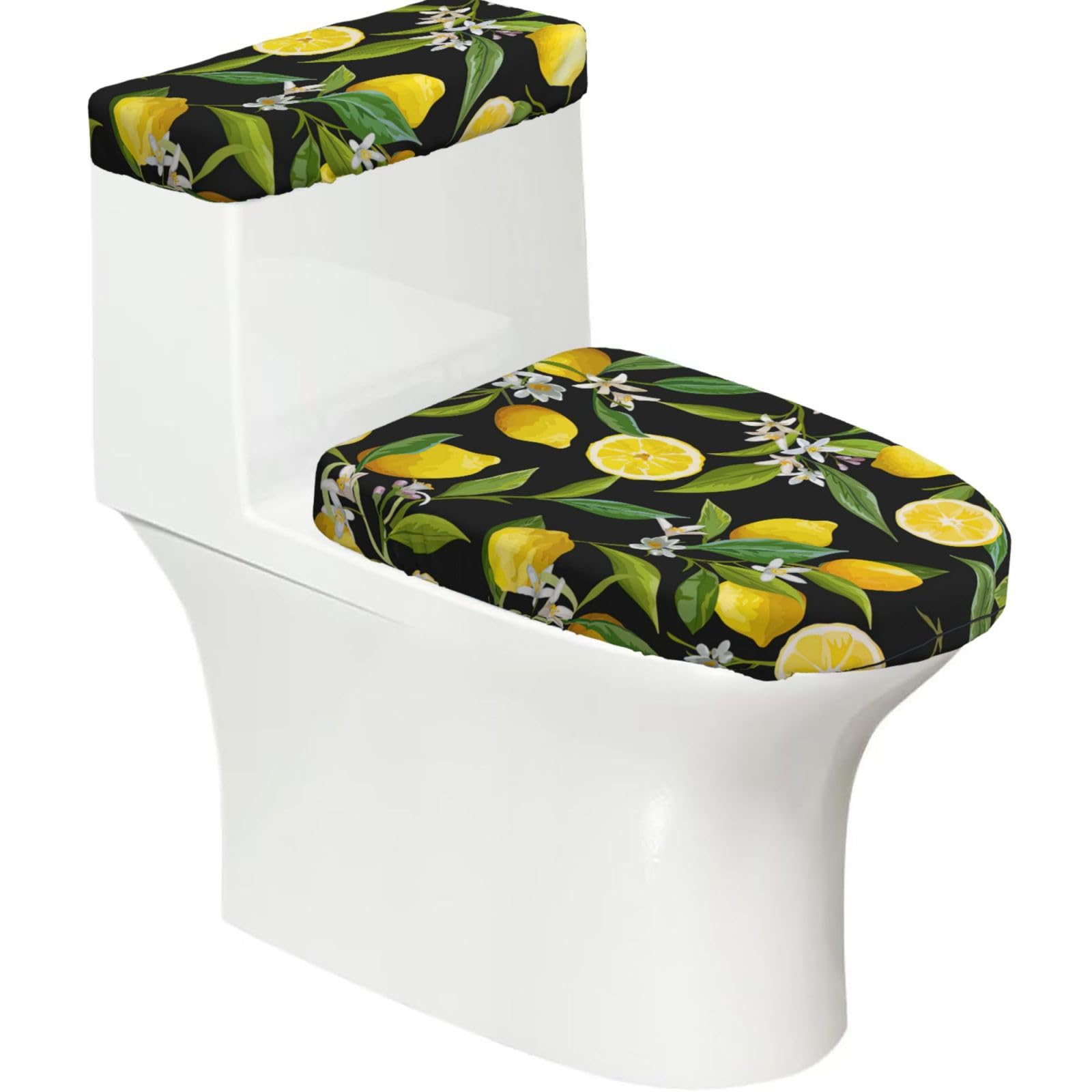 Yellow Lemon Printed Toilet Tank and Lid Cover Set of 2 for Most Bathrooms, Fits Elongated Round Toilets