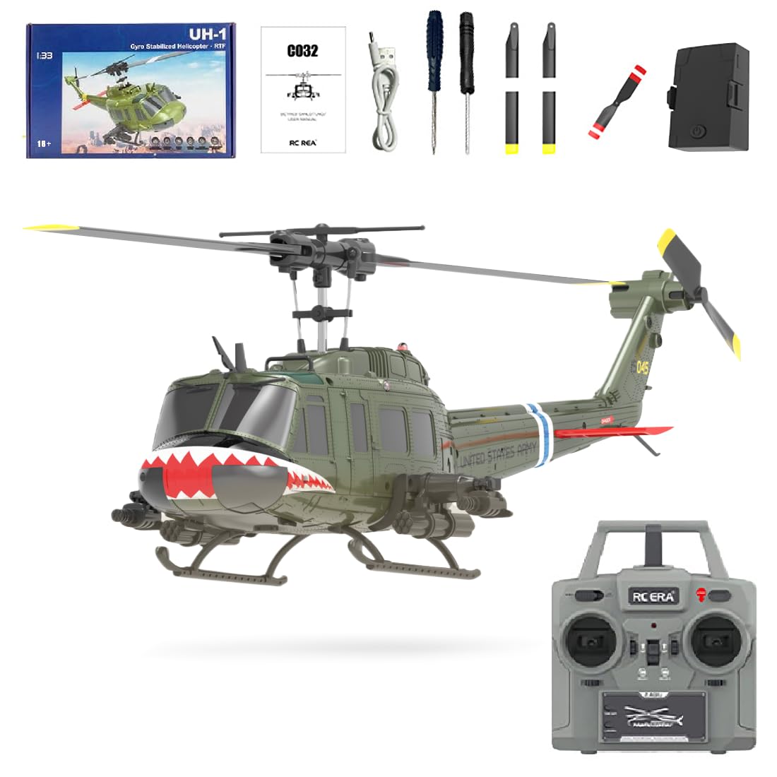 XURUYI C032 UH-1 Huey Flybarless RC Era Helicopters for Adults Beginners, 1/48 Scale 6CH 2.4G 6-Axis Gyroscope Stabilization, with Altitude Hold & 3D