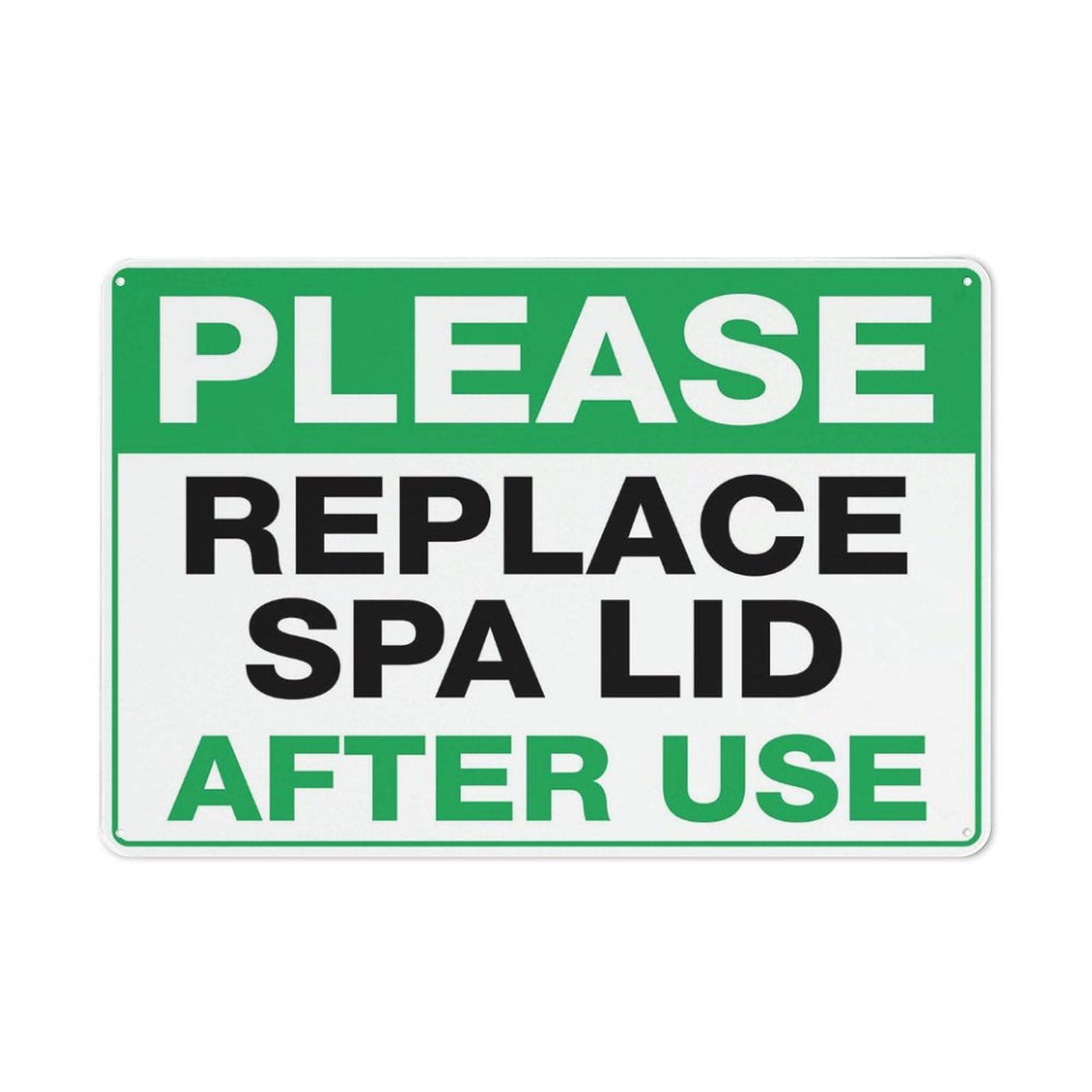 Please Replace Spa Lid Sign 12 X 8 Inches Reflective Aluminum Metal Warning Signage With Symbol For Indoor Outdoor Use