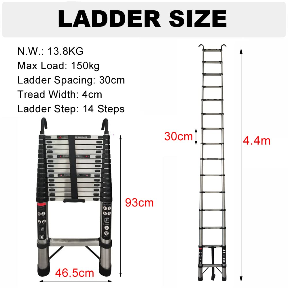 Escalera telescópica de 4,4 m, escalera de acero inoxidable antideslizante con 2 ganchos, escalera de pie con 14 peldaños, capacidad de carga de 150 kg