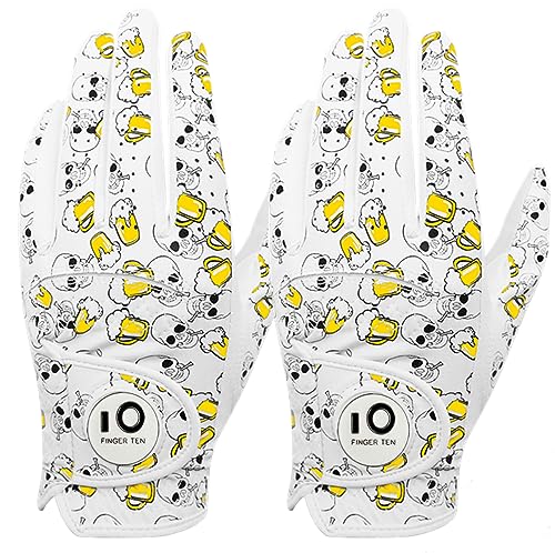 FINGER TEN Golf Gloves Men Left Hand Cabretta Leather with Ball Marker All Weather Soft Relaxgrip Value 2 Pack, Mens Golf Glove Wear Resistant Stable-Grip for Perfect Swing (Brown, M/L)