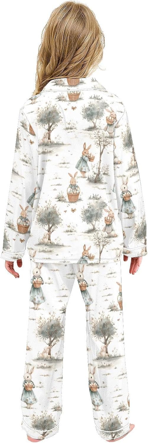 senya Watercolor Cute Bunnies 1 Satin Pajama Sets Long Sleeves Nightwear Button Down Sleepwear