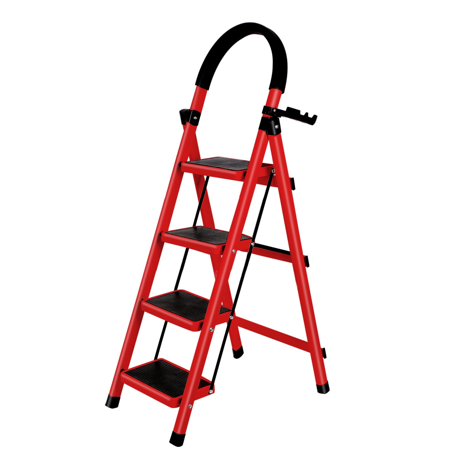 Escabeau Ménager 4 Marches en Aluminium avec Mains Courantes 150 KG Escabeau en Aluminium Echelle Multifonctions pour Maison et Bureau-133 x 74 x 39 cm - 4 marches (Rouge)
