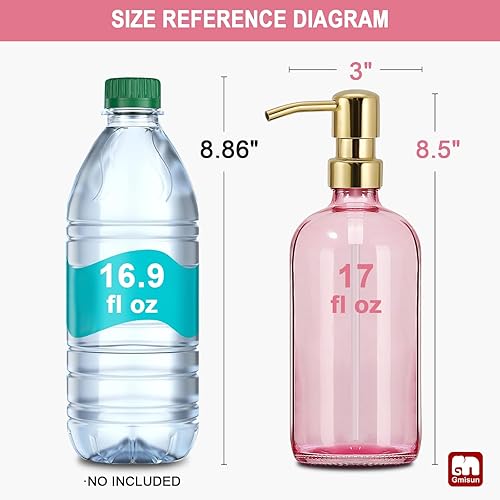 Miniatura 2 de GMISUN Dispensador de jabón rosa para baño, 1 paquete de dispensadores de jabón para platos de vidrio para cocina con bomba dorada de plástico
