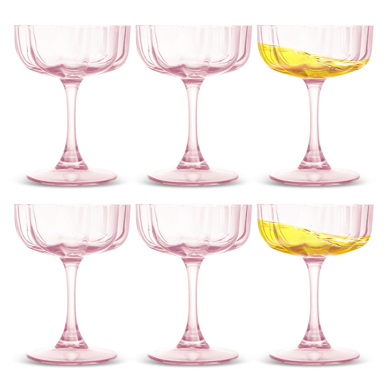 Cocktailgläser Set mit gewellten Blütenblättern (6 Stück), Vintage-Stil Champagnerschale, Geriffelte Champagnergläser, Bar-Glaswaren, Geschenk für Geburtstags oder Hochzeits