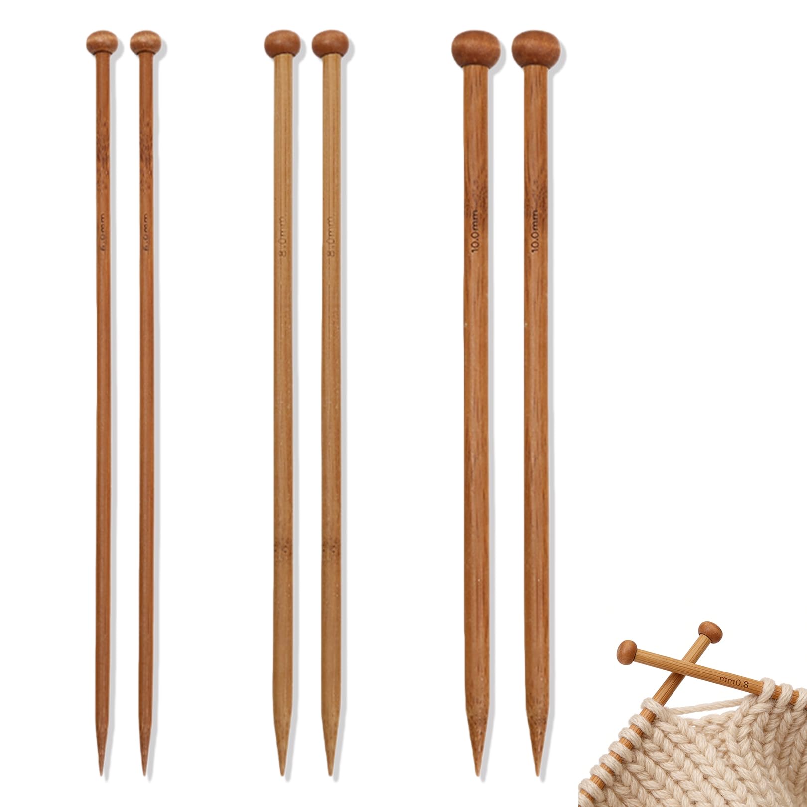 Pryon Brown 6 Pcs Bamboo Knitting Needles Set,6Mm/8Mm/10Mm*25Cm Knitting Needles Uk Different Sizes Single Pointed Long Wooden Pins Knitters Needle Set,For Adult Hands Diy Handmade Wool Sweater Scarf Beginner