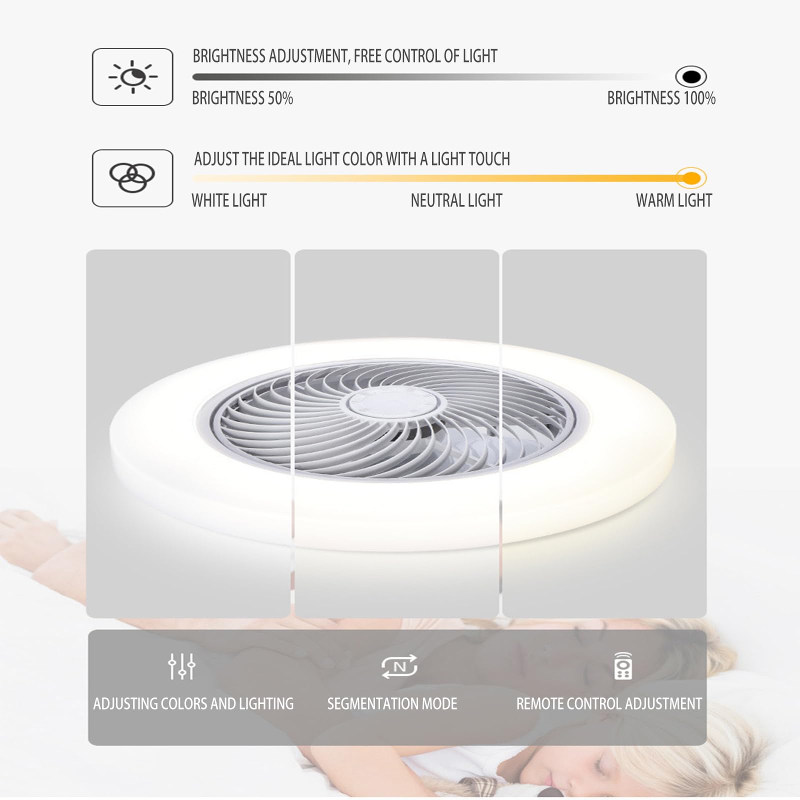 Ventilatore da soffitto da 52 cm con luce, telecomando, reversibile, 6 velocità, silenzioso, dimmerabile, a basso profilo, piccolo, ideale per camera da letto, soggiorno e sala da pranzo, bianco.
