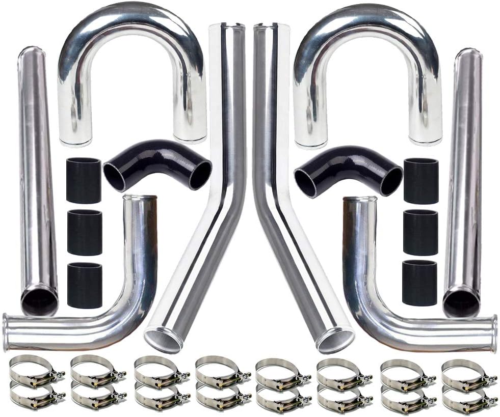 MOOSUN 2.5" 8pcs Universal Aluminum Tube Set 600MM Polished Aluminum Turbo Intercooler Pipe+8 Elbow Hose+16 Clamps Kit
