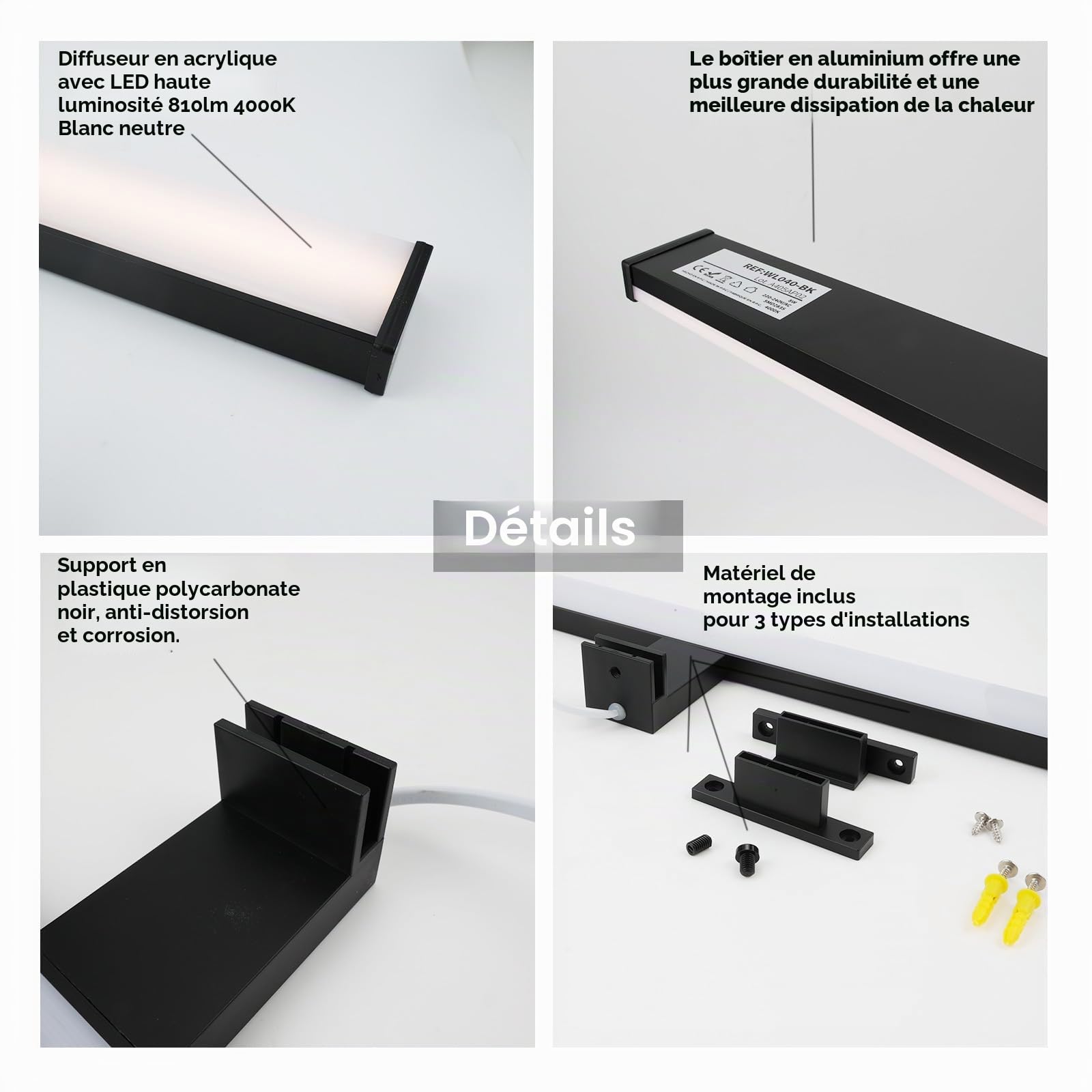 Alpinaluz Applique LED Noire pour Miroir de Salle de Bain – 4000K Blanc Neutre – IP44 – Aluminium et Supports en Polycarbonate – Installation sur Miroir, Mur ou Meuble (50cm 12W)
