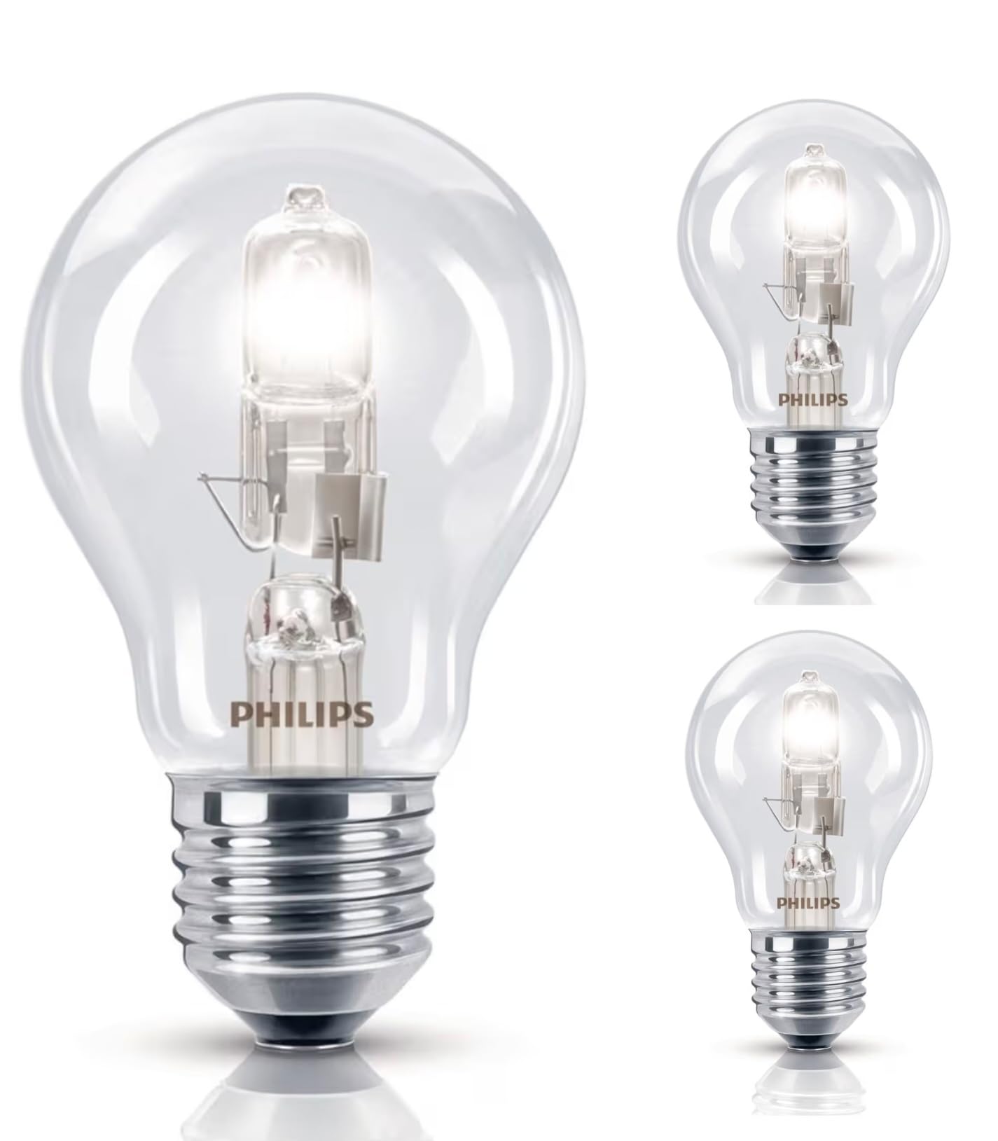 3 Pack 42W =(55W Eqv) EcoClassic ES E27 Traditional Clear Bulbs, 100% Dimmable, 630 Lumen, 2800K Warm White, AC 230V, A55, Edison Screw, Instant On, GLS Round