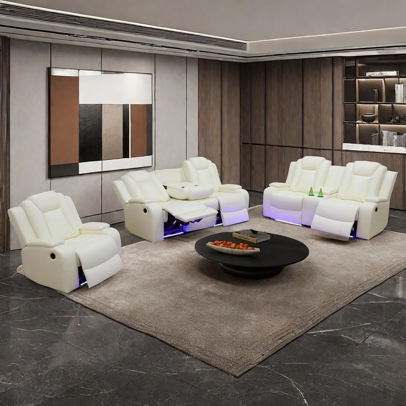 Miniatura 6 de Juego de sillón reclinable eléctrico con luces LED, juego reclinable de cuero con puerto USBcargador inalámbricoconsola de almacenamientoportavasos