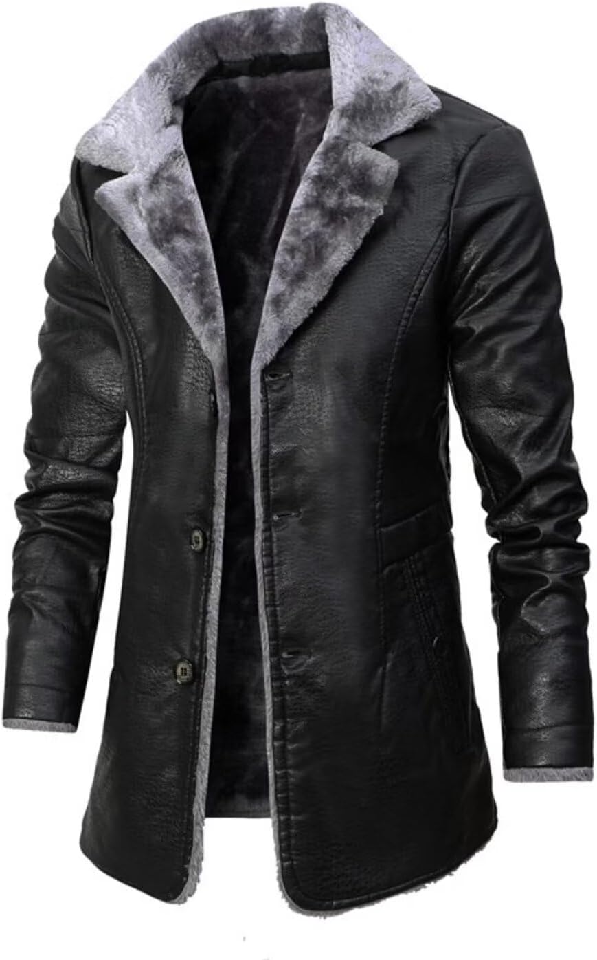 Men's Winter Faux Pu Leather Jacket Warm Fleece Sherpa Lined Long Trench Coats Fur Collar Button Up Jacket