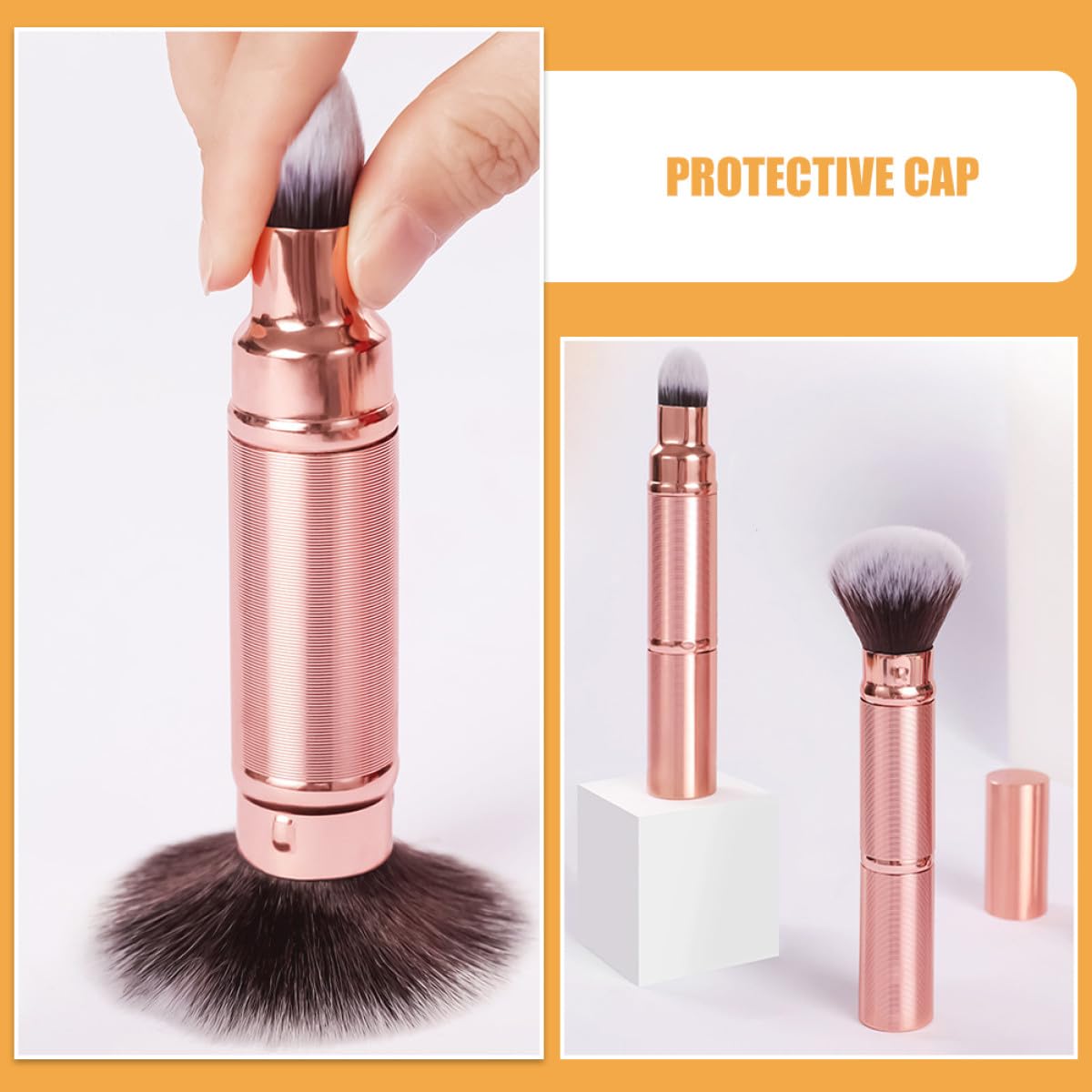 Set 2 Pennelli da Trucco Retrattili per Viaggio, Doppia Punta con Cappuccio, Fibre Sintetiche Morbide, per Fondotinta e Fard, Tocco Confortevole e Multiuso
