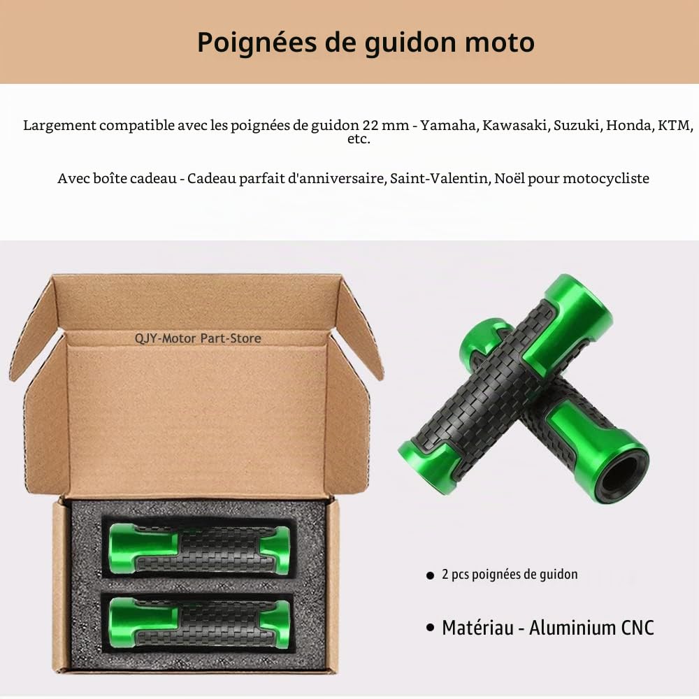 22mm 7/8'' Guidon Poignees Universel Aluminium Antidérapant pour Kawasaki Z900 Z750 Z650 Z400 Z800 Ninja Vulcan S 650 ZX6R ZX10R ER6N Versys 650 1000 (Vert)