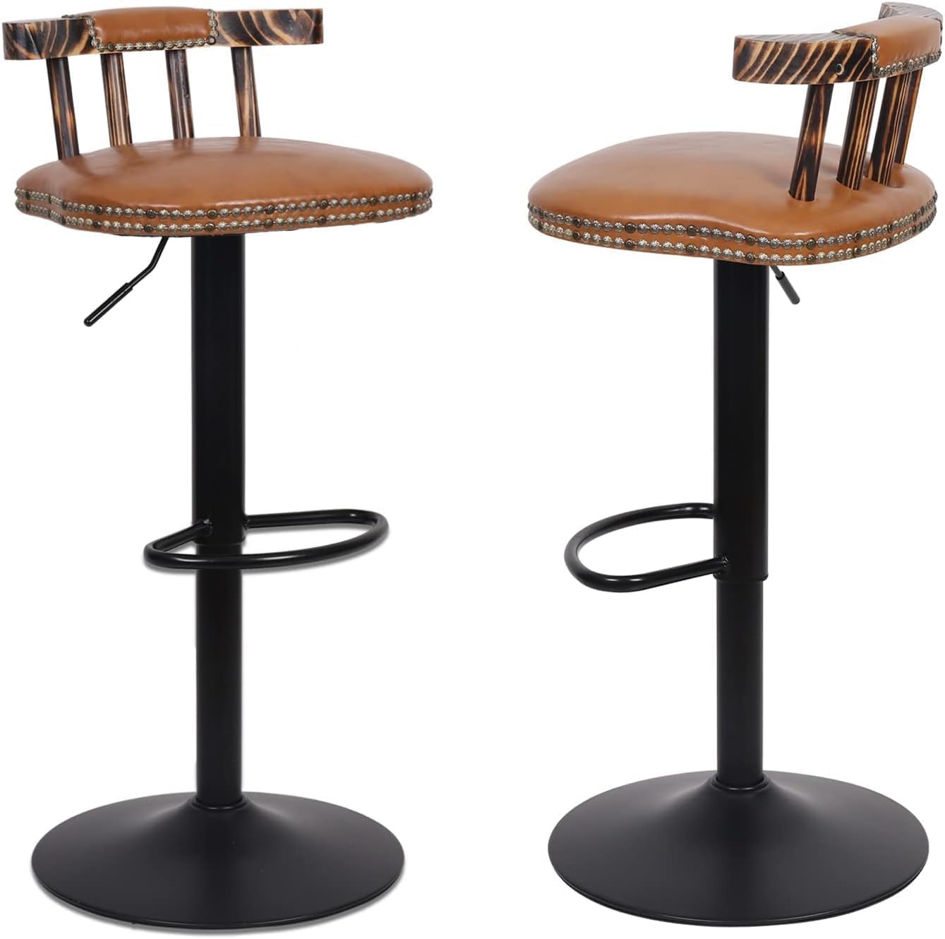 Bar Stool Set of 2: Bar Chairs for Ktchen Bar Stool Chair Height Adjustable High Chairs Counter Stool Barstool with Back Footrest PU Leather Cover for Home Office Kitchen Light Brown