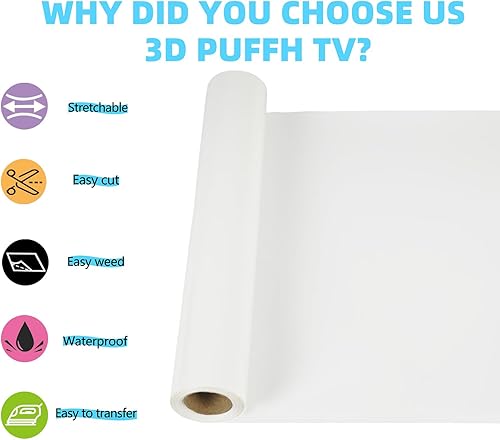 Miniatura 2 de guangyintong Vinilo de transferencia de calor 3D Puff - 12 pulgadas x 20 pies de vinilo HTV blanco soplado - Rollo de vinilo para planchar en