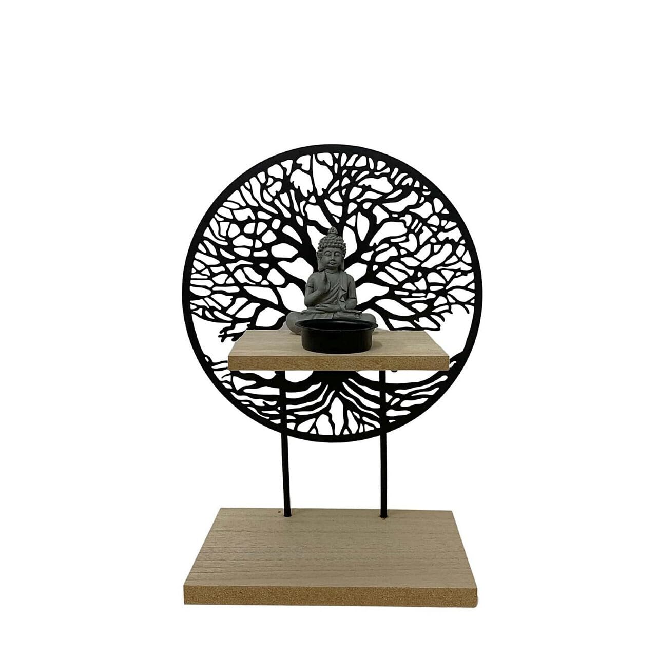 Tea Light/Tealight/Single Candle Holder - Buddha with Tree - Wood/Metal