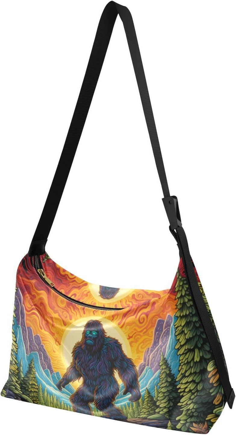 Crossbody Bag Sasquatch Colorful Forest Print, Large Capacity Leather Shoulder Bag Zipper Closure with Fabric Strap