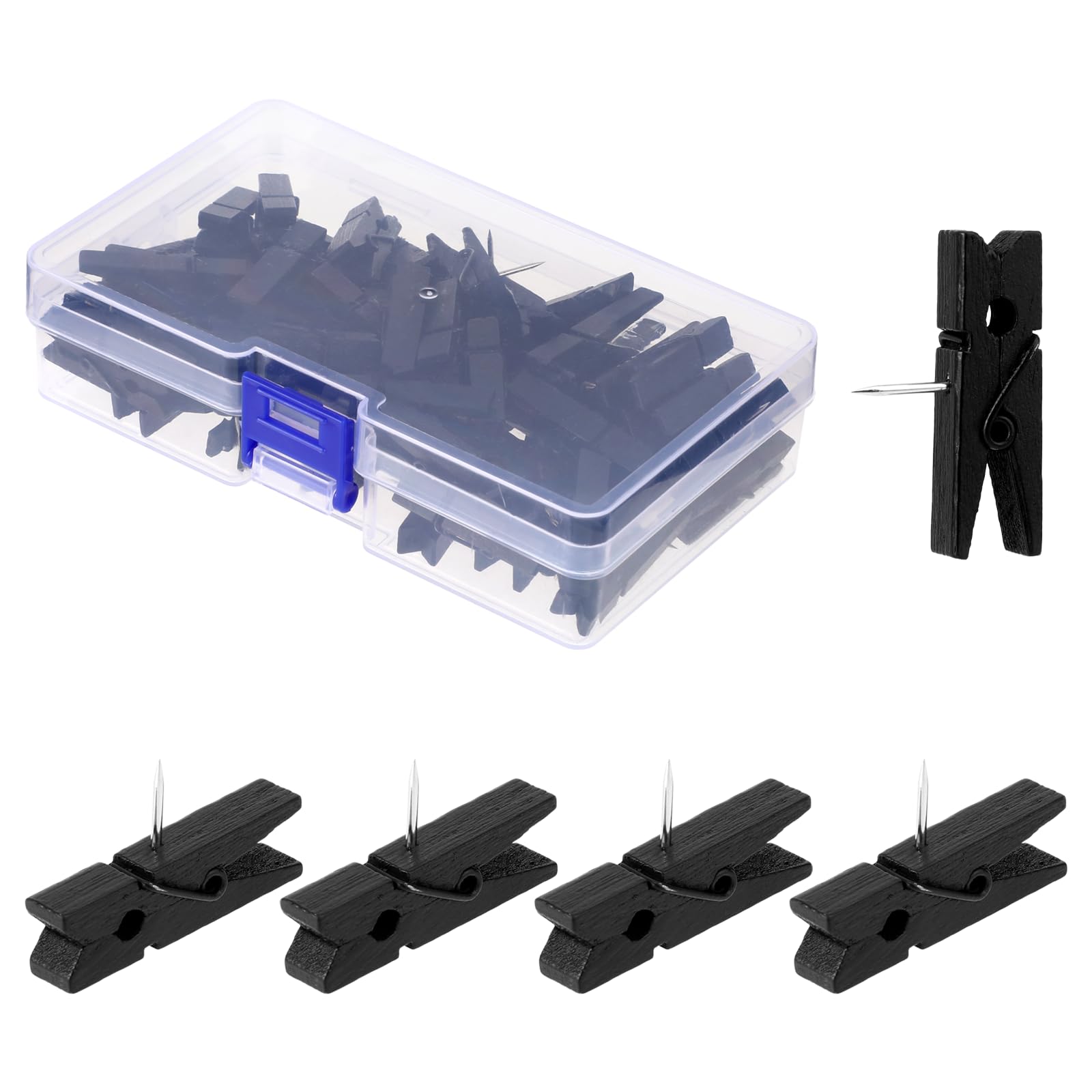 60 Pcs Black Push Pins with Wooden Clips, Reusable Push Pin Clips Cute Decorative Thumb Tacks Mini Tacks Craft Paper Clips Photo Clips for Bulletin Board Cork Board Artworks Craft Accessories