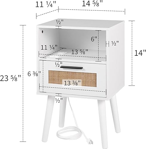 Miniatura 3 de Labcosi Mesita de noche de ratán natural, mesitas de noche de madera blanca con estación de carga, mesa auxiliar moderna de mediados de siglo para