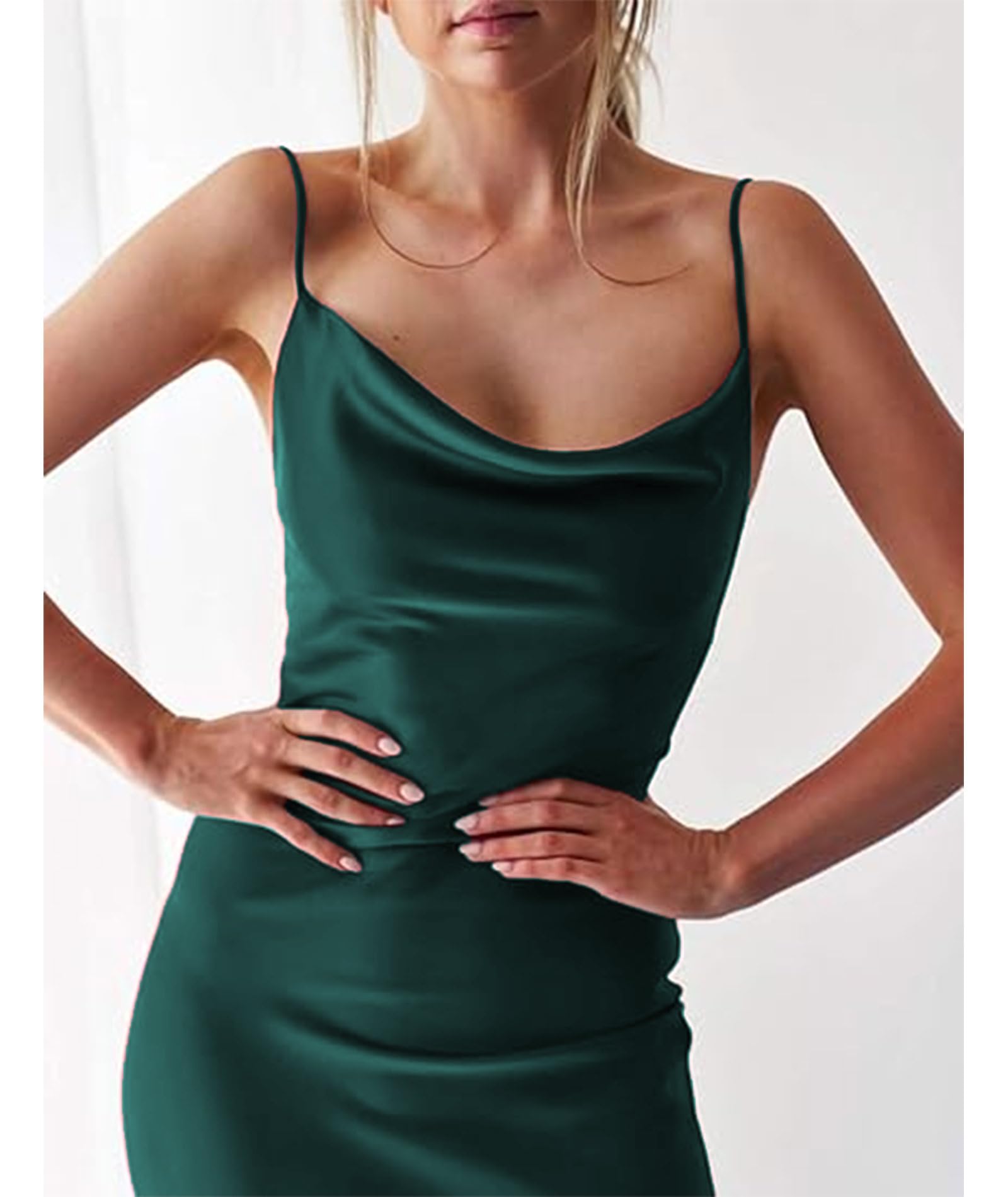 xxxiticat Damen Ärmellos Spaghetti Strap Satin Gabeln Kleid Cocktail Strand Abend Party Cowl Neck Midi Kleider