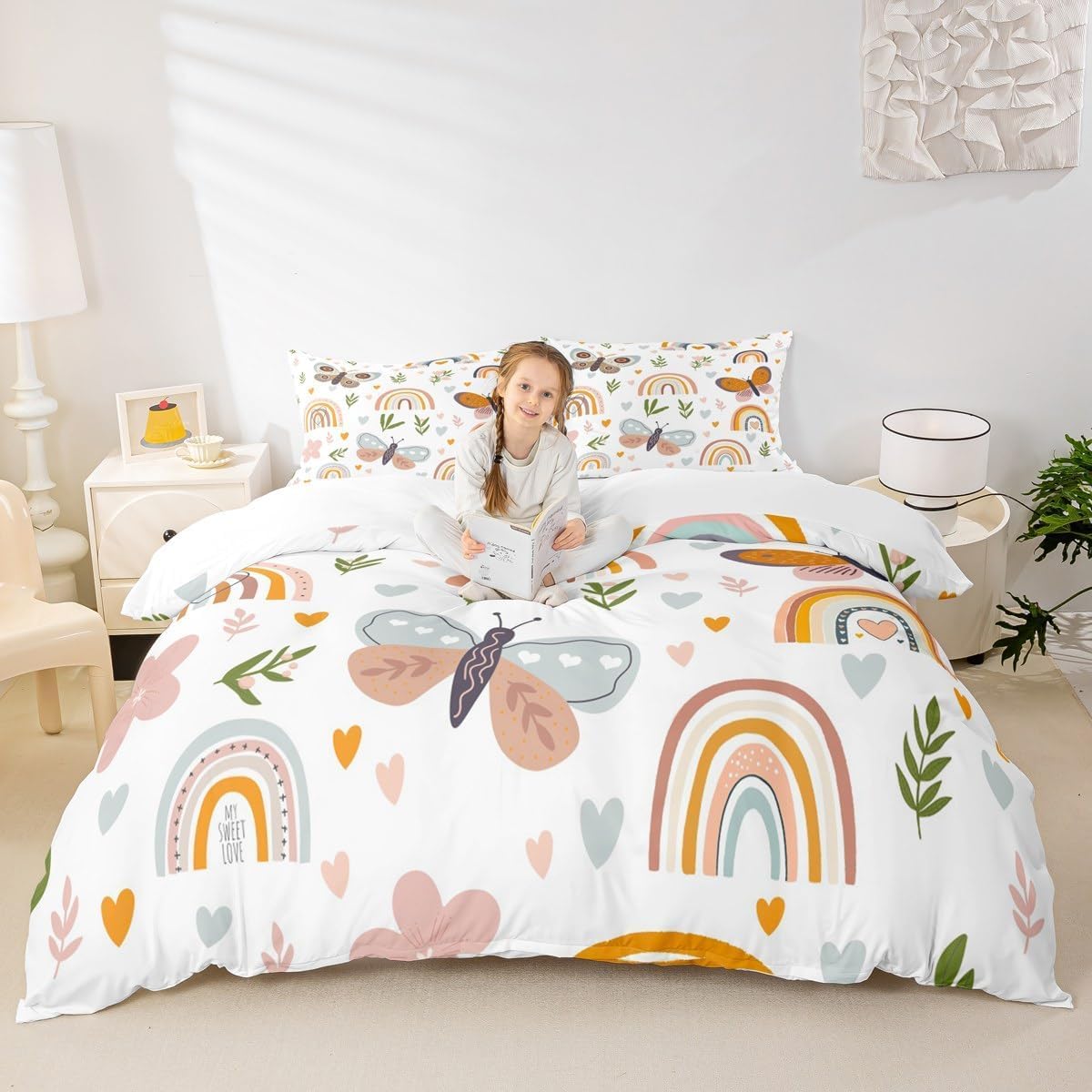 feelingyou Boho Rainbow Comforter Cover Set Double Size Cute Butterfly Bedding Set 3Pcs for Kids Girls Boys Adult Room Decor Cartoon Love Heart Palm Leaves Animals Botanical Quilt Cover,2 Pillowcases - Image 2