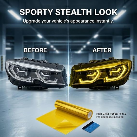 Car Headlight Tint Film Yellow, 30x120cm Waterproof Vinyl Wrap for Fog Lights, Tail Lights & Headlamps, Durable Polyester Self-Adhesive Protector Overlay for Car Exterior Styling Styling DIY