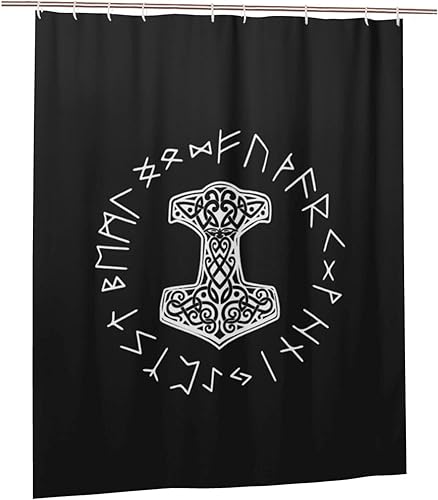 Mjolnir and Rune Wheel Norse Mythology Symbol Bathroom Fabric Shower Curtain with 12 Buckles and Hooks, 60x72 Inches Black