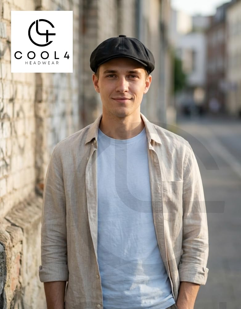 Leinen 8-Panel Flatcap mit Knopf A59 | Schiebermütze, Vintage Gatsby Cap, Retro Mütze