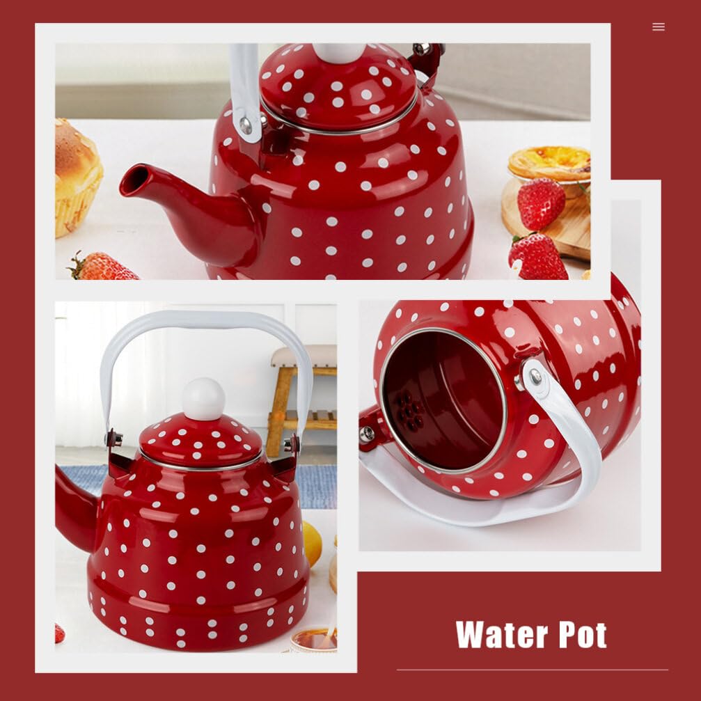 DOITOOL Émail Thé Bouilloire Cuisinière Bouilloire Émaillée Théière Café Rouge Et Blanc À Pois Thé Avec Filtre En Acier Inoxydable Pour La Maison Restaurant Cuisine