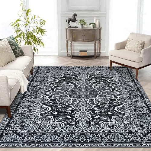 KUTA Vintage Area Rug 5x7 Black, Washable Rugs for Living Room Soft Non-Slip Printed Distressed Tribal Traditional Farmhouse Carpet for Bedroom Dining Room Dorm Office Home Decor
