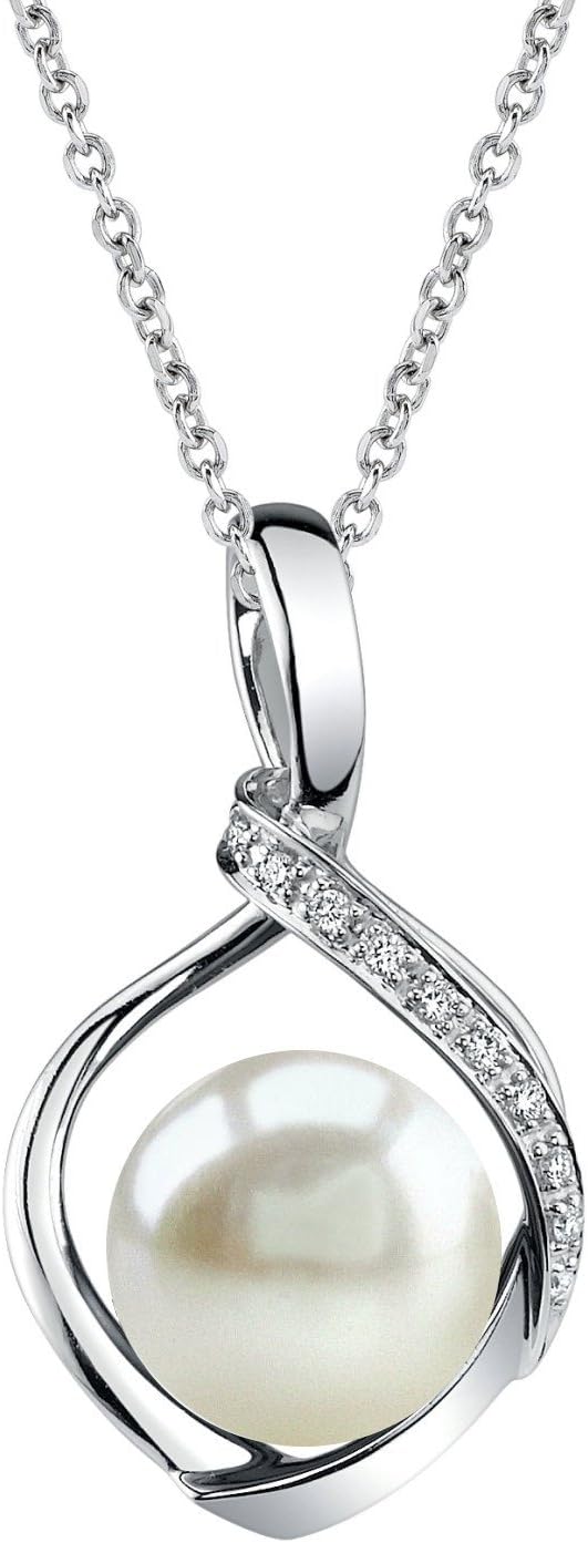 The Pearl Source 14k Gold 8-9mm Round White Freshwater Cultured Pearl & Diamond Alexis Pendant Necklace for Women