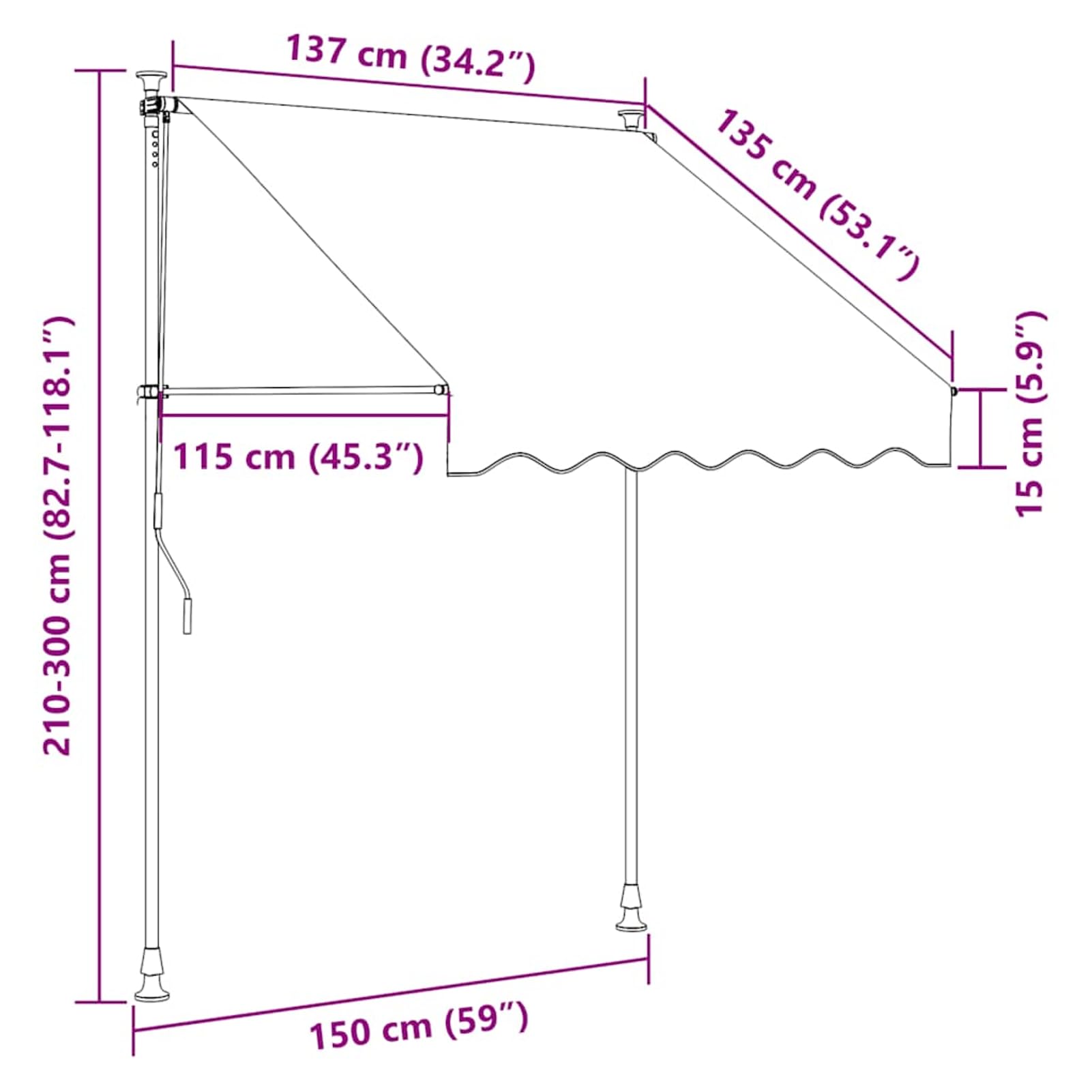 Wysuwana markiza balkonowa, obsługiwana ręcznie, 150 cm, pomarańczowa/biała, w paski, bez wiercenia, z korbą ręczną, aluminiowa markiza odporna na promieniowanie UV, regulacja wysokości i