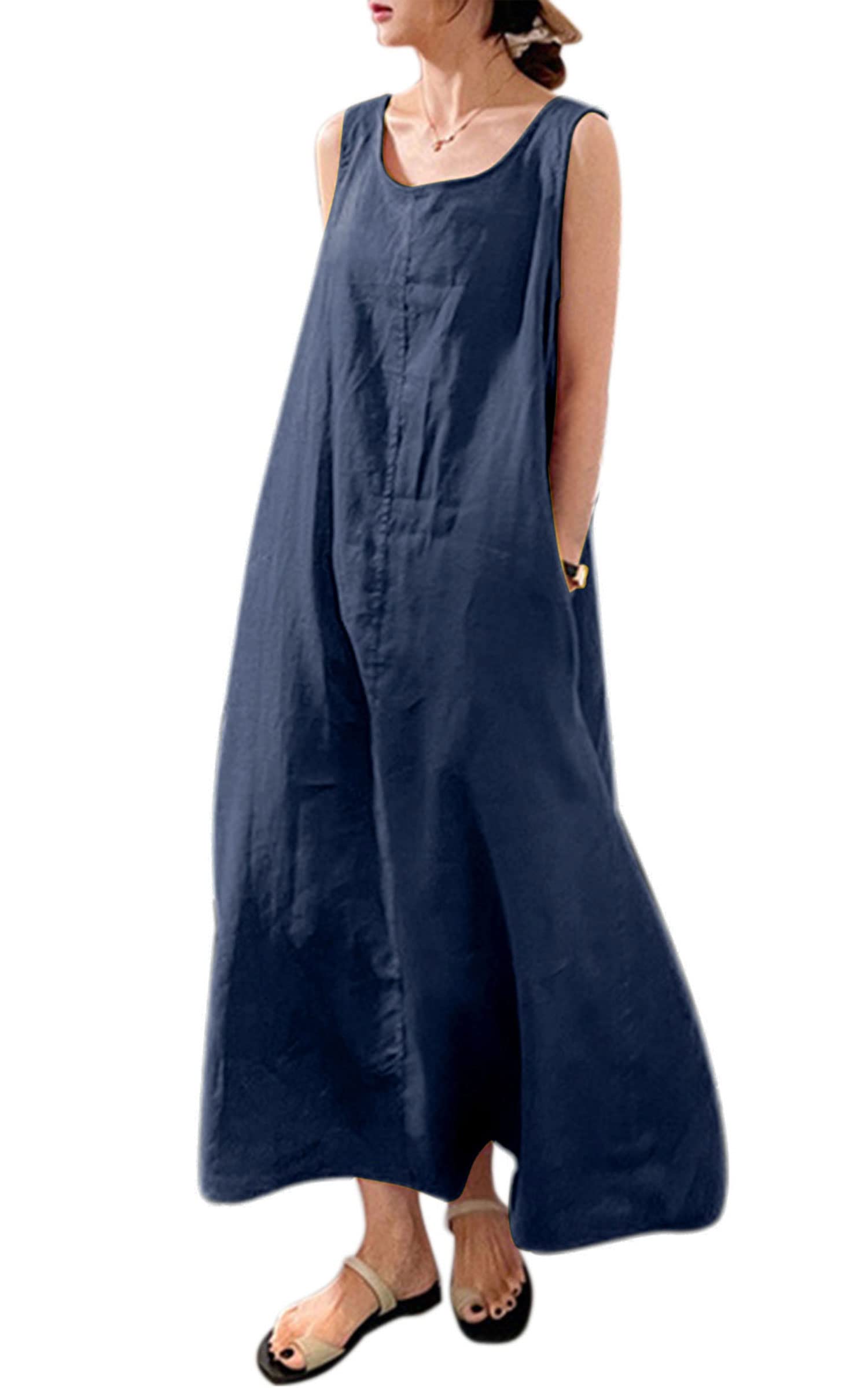 VEVESMUNDO Sommerkleid Damen Baumwolle Ärmelloses Casual Lockere Lässige Lang Kleider Strandkleid Leinenkleid Blusenkleid Freizeitkleid mit Taschen Gr 38 40 42 44 46 48 50 52 54